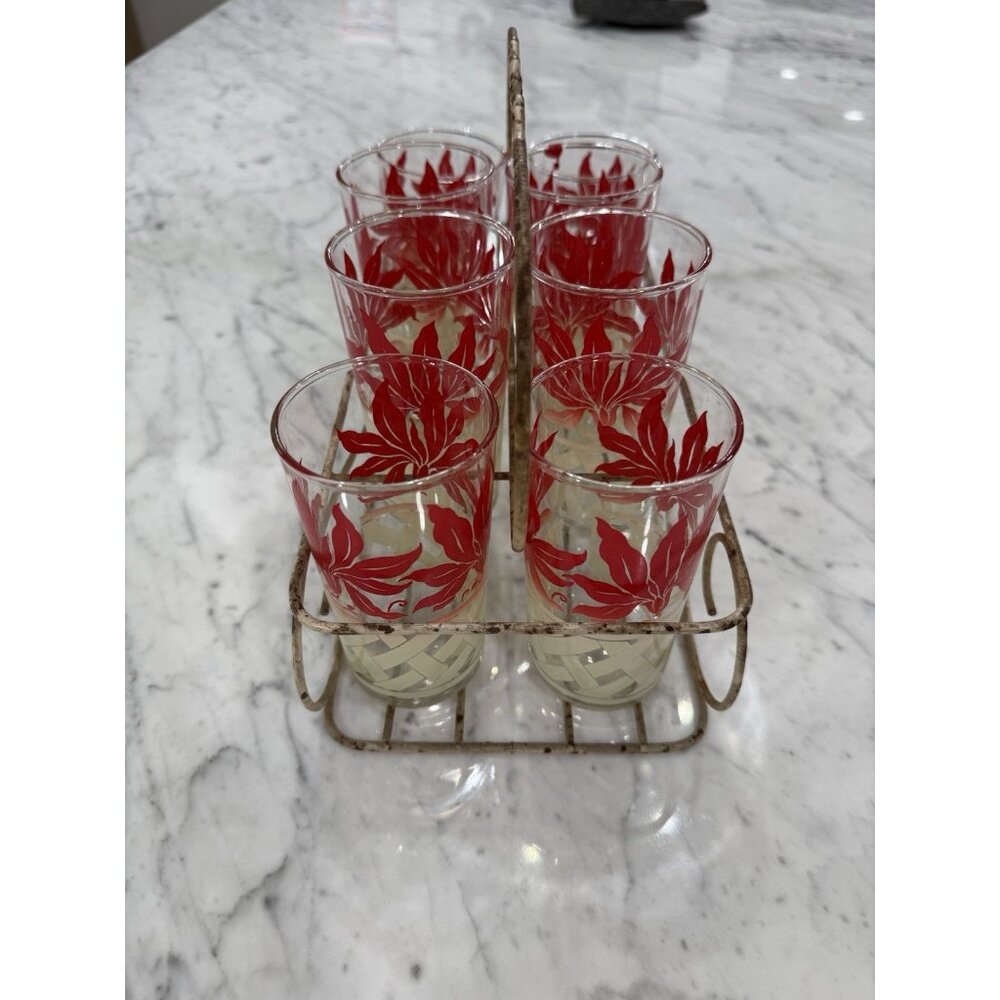 MCM Vintage Federal Beverage Glasses Red Leaves & White Lattice With Caddy RARE - Picture 6 of 6